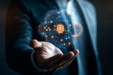 businessman holding digital cloud with AI icon in hand