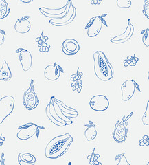 Seamless pattern of hand-drawn fruits. Line art. Vector illustration. Ink.