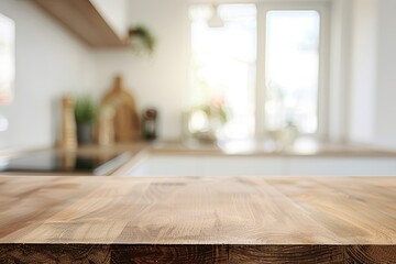 Empty wooden kitchen countertop with a blurred background of a modern kitchen.