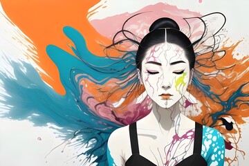 illustration of a beautiful young woman covered in vibrant bright paint splatters, drips, colorful, abstract, art, portrait, beauty, creativity, splashes, bold, artistic, makeup, expression, modern