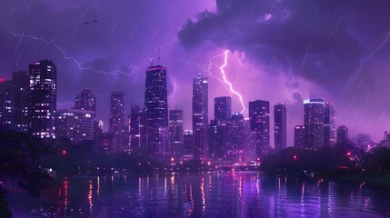 Fototapeta premium Lightning storm over city in purple light. 