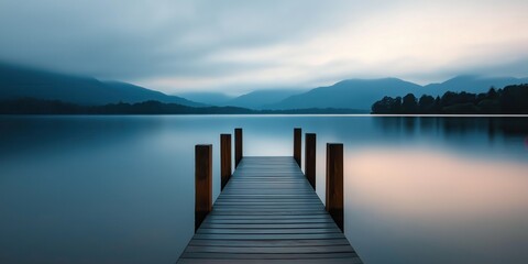 Naklejka premium Serene Lake Pier Leading to Misty Mountains at Dawn