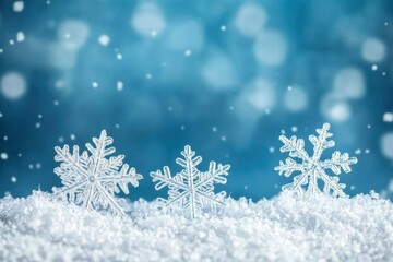 A blue background with white snowflakes falling from the top and bottom, creating an atmosphere of winter presenting a serene beauty that evokes a sense of tranquility Generative AI