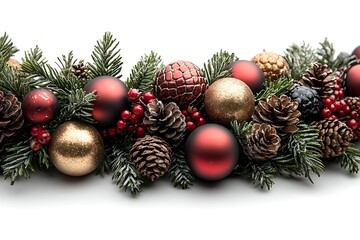 Festive Christmas garland with ornaments and pine cones