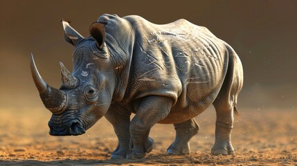 Rhino Walking in Savanna Landscape Without Its Horn