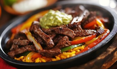 Beef fajitas served with onions bell peppers guacamole rice and beans
