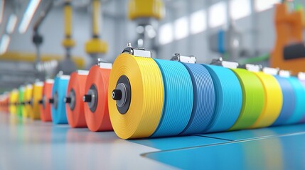 Obraz premium Machinery in a large-scale factory setting extruding plastic in long, colorful sheets, with precision and high-quality details.