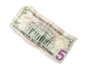 One crumpled dollar banknote isolated on white, top view