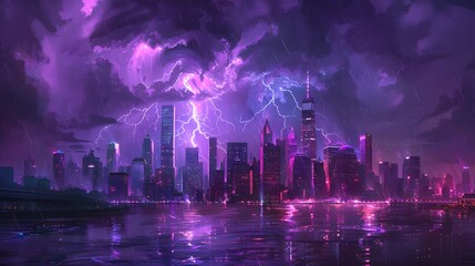 Lightning storm over city in purple light. 