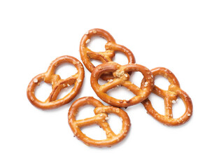 Many delicious pretzel crackers isolated on white, top view