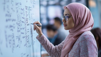 A focused Muslim woman in a hijab sketches innovative ideas on a white board. An Arab woman professor pens creative concepts on a whiteboard with deep concentration. Concept of Arab women in science.