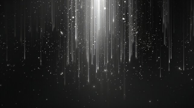 Abstract silver glitter lights on black background. Blurred bokeh effect, festive texture. Shimmering particle effect