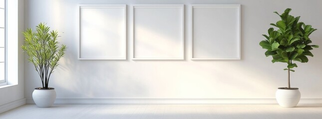 Three white minimalist photo frames on the wall 