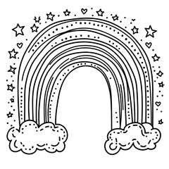 A black and white coloring page of a rainbow arch with fluffy clouds at each end, bold outlines, stars and hearts around, isolated on white background