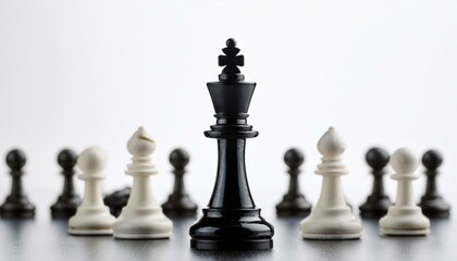 Black chess king standing ahead of white pawns on white background. Strategy and competition concept. Generative AI