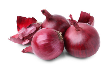 Fresh onions with peels isolated on white