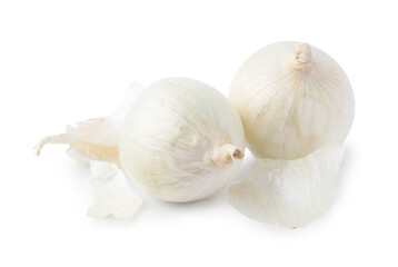 Fototapeta premium Fresh onions with peels isolated on white