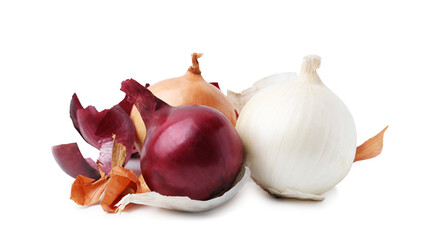 Fresh onions with peels isolated on white