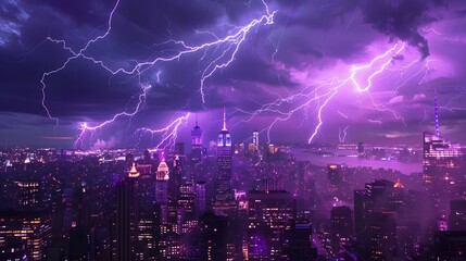 Obraz premium Lightning storm over city in purple light. 
