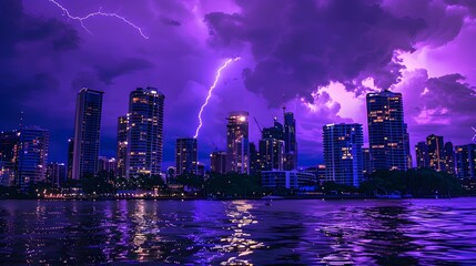 Fototapeta premium Lightning storm over city in purple light. 