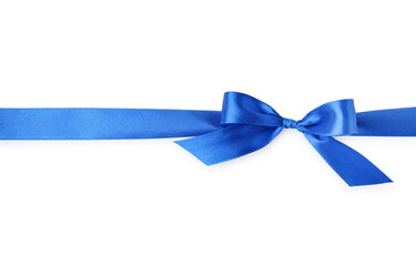 Beautiful blue ribbon with bow isolated on white, top view