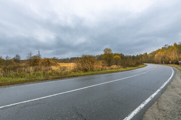 A road with a few trees in the background and a cloudy sky