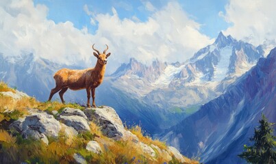 Chamois on Alpine Ridge with Mountain Backdrop