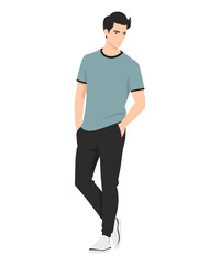 Vector illustration on a white background. Young man in a gray-blue T-shirt and dark trousers, standing relaxed, hands in pockets.