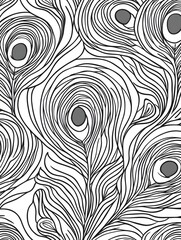 Obraz premium A black and white coloring page of intricate peacock feathers with detailed lines and patterns, bold outline, isolated on white background.