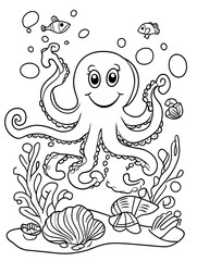 Fototapeta premium A black and white coloring page with a cheerful underwater scene featuring a smiling octopus, fish, seashells, and seaweed, bold outline, isolated on white background.