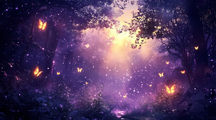 Naklejka premium Enchanted mystical forest bathed in eternal twilight with glowing ethereal fae creatures. fae. illustration. Mystical. Illustration