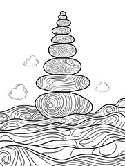 A black and white coloring page with flowing wave patterns, stacked zen stones, and small details, bold outline, isolated on white background