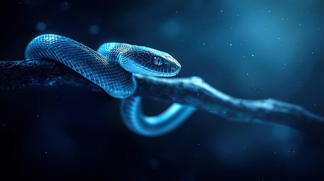   Blue-glowing snake on a branch against black backdrop