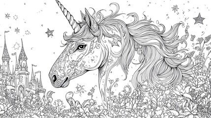 A black and white unicorn coloring page with a castle, stars, and flowers in the background, bold outline, isolated on white background.