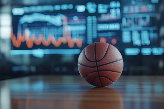 Basketball ball on the background of a display with analytics and statistics graphs - Powered by Adobe