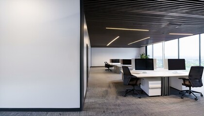 Naklejka premium Empty modern office space with blank wall and workstations. 3D Rendering