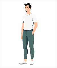Fototapeta premium Vector illustration. A man in a white T-shirt and dark trousers, stands in a relaxed pose, his hands are down.