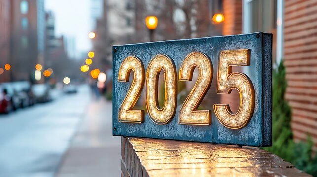 A stunning vintage style "2025" sign with intricate detailing and soft lighting, evoking feelings of nostalgia and celebration.