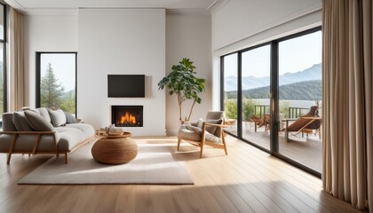 Fototapeta premium Home living room interior with relaxing zone, fireplace and window. Mockup wall