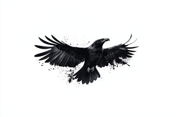 A majestic raven in flight, showcasing its impressive wingspan against a white isolate background.