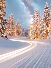 Obraz premium Christmas Winter background with Frosty road and Beautiful winter landscape in the mountains, with a dreamy and magical feel