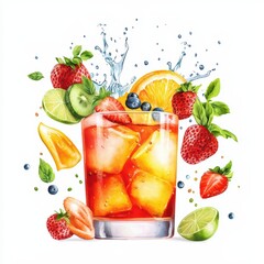 A refreshing cocktail with fruits, ice cubes, and splashes of water on a white isolate background.