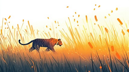 Naklejka premium A tiger walking through tall grass under a yellow sky with blowing grass in the foreground, painted