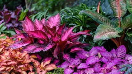 A colorful garden with many different types of flowers. Some of the flowers are pink and orange. There are also some green leaves