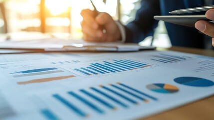 financial documents and performance metrics on a desk while a professional reviews detailed financial reports