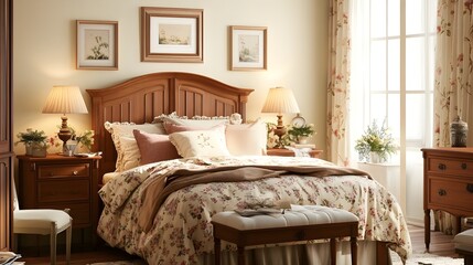 A charming bedroom with antique wooden furniture, floral bedding, and classic decor pieces. Soft lighting and warm colors create a nostalgic feel.