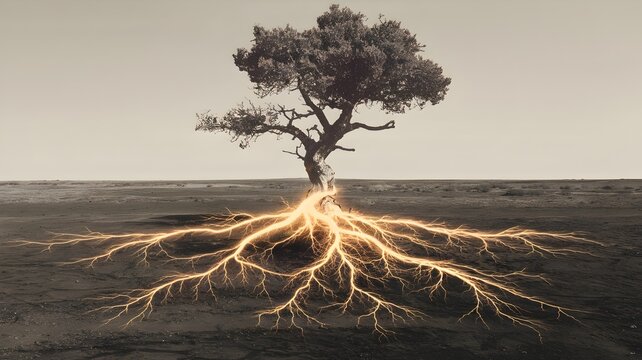 Tree with glowing roots and twisted branches in empty plain