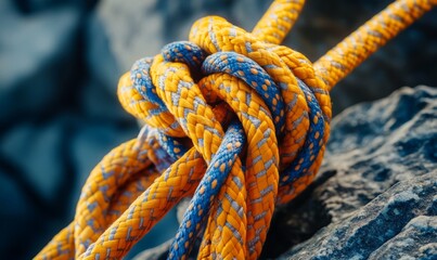 A close-up of intertwined climbing ropes and gear, symbolizing preparation, teamwork, and the technical aspects of mountaineering