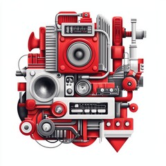 Obraz premium Abstract composition of vintage audio equipment in red and gray shades, artistic design on a white background.
