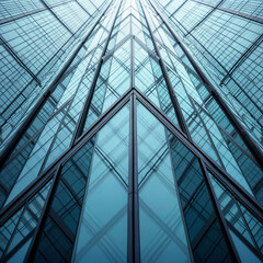 Obraz premium a tall building with a glass facade, viewed from below. The building has a central glass atrium, and the perspective is from the bottom of the building looking up.